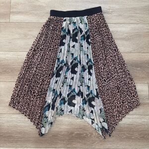Anthropologie SEN Sz M Ava Pleated Floral Leopard Mixed Print Asymmetrical Skirt